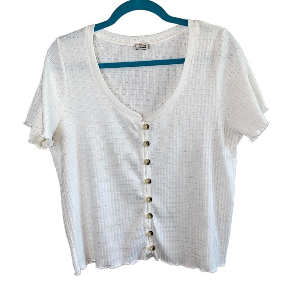 Pimkie Collection White Pointelle Henley Top Women's M Short Sleeve Button Front